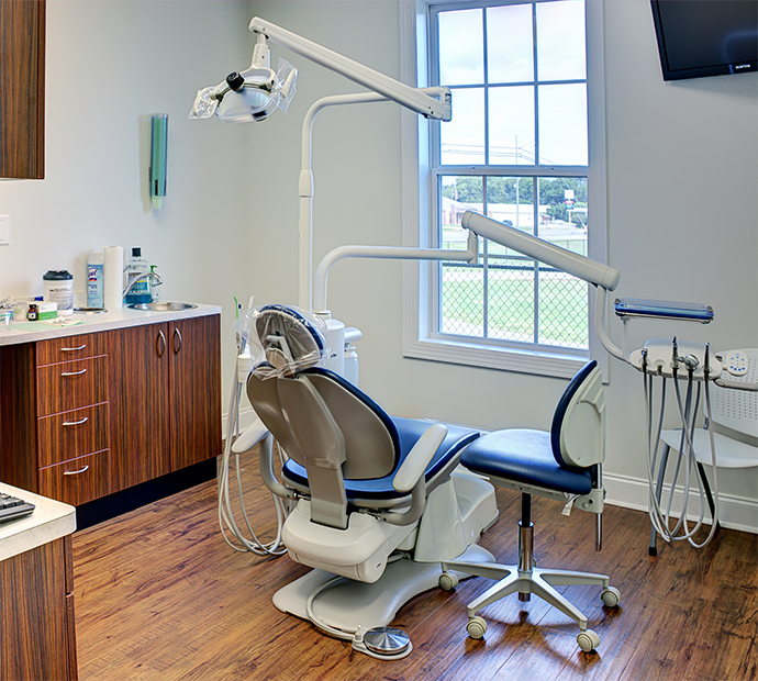 Dental treatment chair viewed from the back