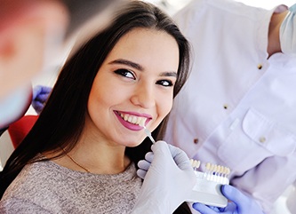 patient getting veneers in Dix Hills color matched