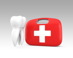 Render of tooth next to a first aid kit